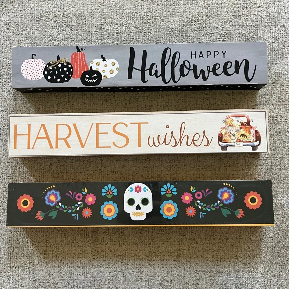 Set of 3 Halloween Harvest Day of the Dead Wood Block Signs Fall Decor 12in